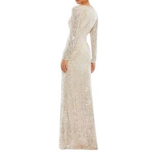 MAC DUGGAL IEENA Sequined Faux Wrap Long Sleeve Gown Size 8 NWT Nude Silver 0064